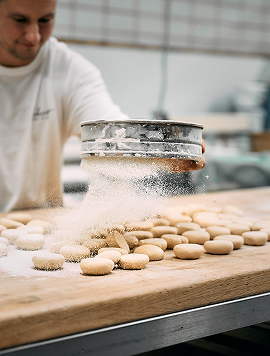 Bäcker von Bäckerei Schrott siebt Mehl über kleine Teiglinge auf einer Holzarbeitsfläche.