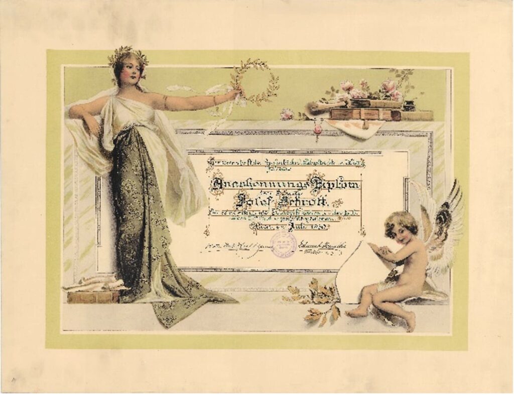 Historisches Dokument von Bäckerei Schrott mit dekorativer Illustration und kalligrafischer Schrift als Zeichen der Tradition.